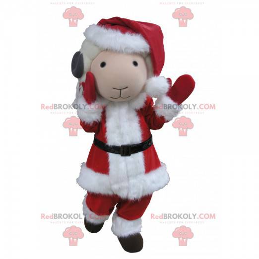 Mascotte di capra bianca e grigia vestita da Babbo Natale -
