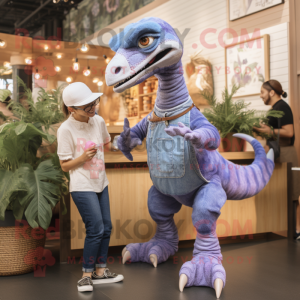 Lavender Velociraptor mascot costume character dressed with a Chambray Shirt and Anklets