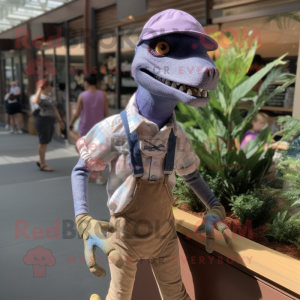 Lavender Velociraptor mascot costume character dressed with a Chambray Shirt and Anklets