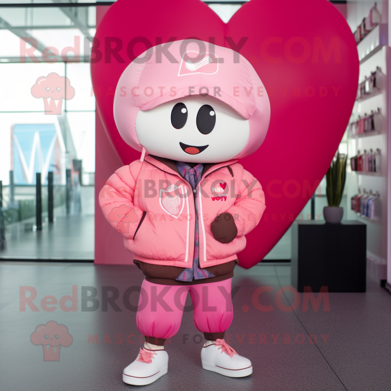 Pink Heart mascot costume character dressed with a Bomber Jacket and Pocket squares Pink Heart mascot costume character dressed with a Bomber Jacket and Pocket squares