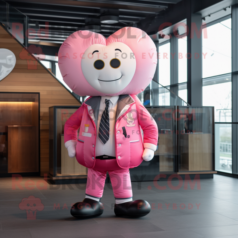 Pink Heart mascot costume character dressed with a Bomber Jacket and Pocket squares Pink Heart mascot costume character dressed with a Bomber Jacket and Pocket squares