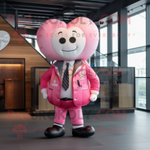 Pink Heart mascot costume character dressed with a Bomber Jacket and Pocket squares