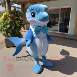 Sky Blue Dolphin mascot costume character dressed with a Wrap Dress and Bow ties