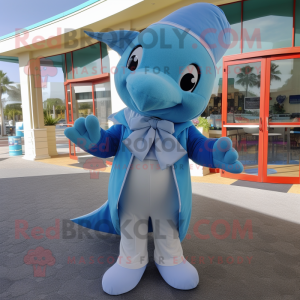 Sky Blue Dolphin mascot costume character dressed with a Wrap Dress and Bow ties
