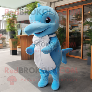 Sky Blue Dolphin mascot costume character dressed with a Wrap Dress and Bow ties