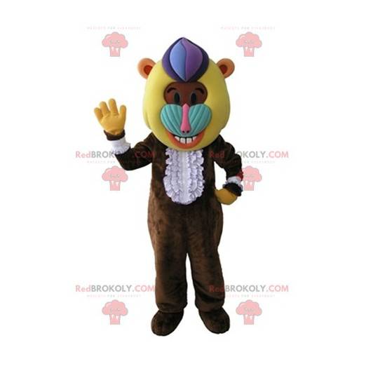 Mascota de mono babuino marrón con una cabeza colorida -