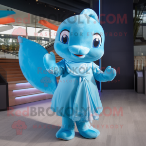 Sky Blue Dolphin mascot costume character dressed with a Wrap Dress and Bow ties