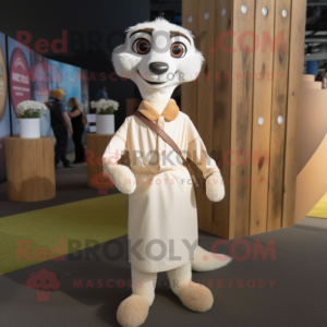 White Meerkat mascot costume character dressed with a Shift Dress and Suspenders