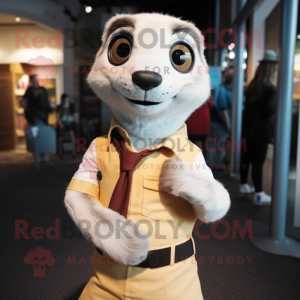 White Meerkat mascot costume character dressed with a Shift Dress and Suspenders