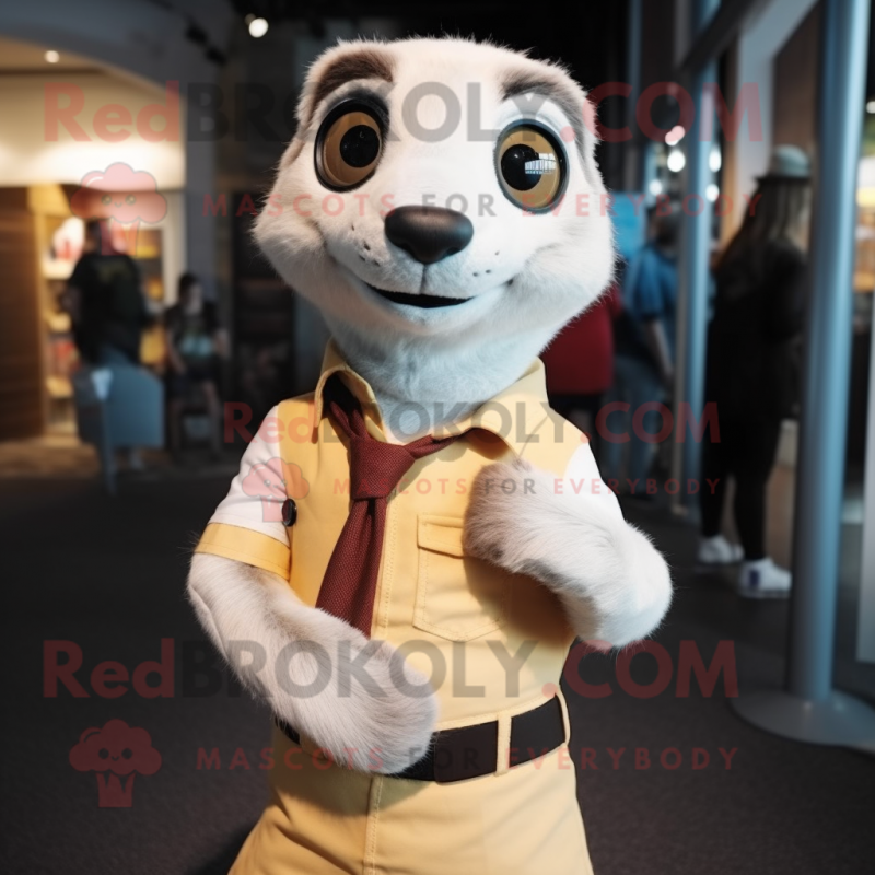 White Meerkat mascot costume character dressed with a Shift Dress and Suspenders White Meerkat mascot costume character dressed with a Shift Dress and Suspenders