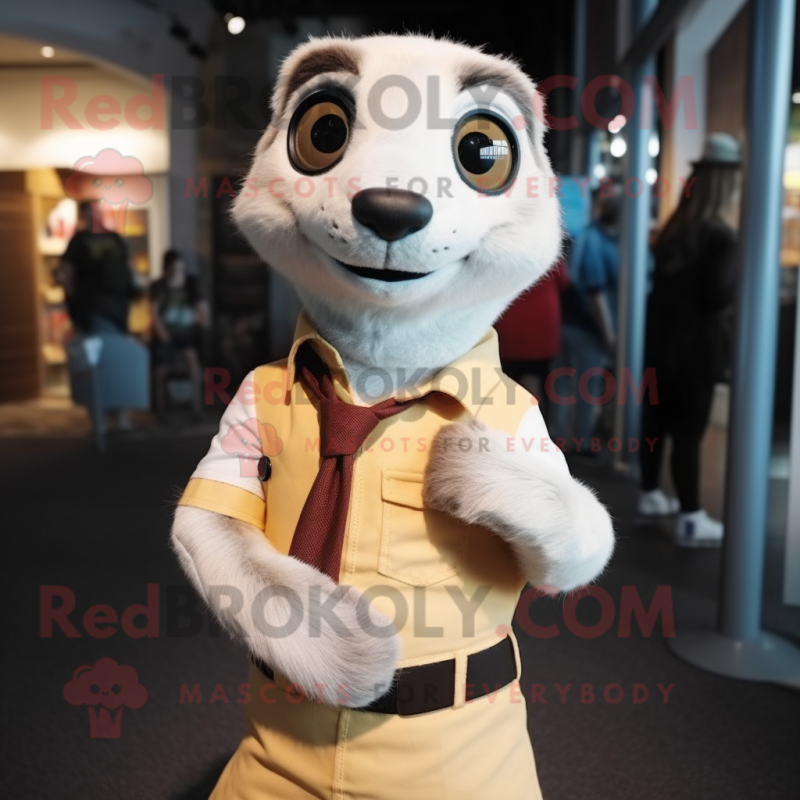 White Meerkat mascot costume character dressed with a Shift Dress and Suspenders