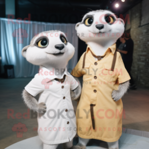 White Meerkat mascot costume character dressed with a Shift Dress and Suspenders