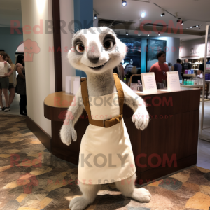 White Meerkat mascot costume character dressed with a Shift Dress and Suspenders