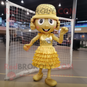 Gold Volleyball Net mascot costume character dressed with a Skirt and Hats