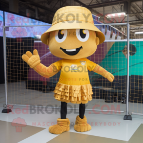 Gold Volleyball Net mascot costume character dressed with a Skirt and Hats