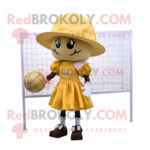Gold Volleyball Net mascot costume character dressed with a Skirt and Hats