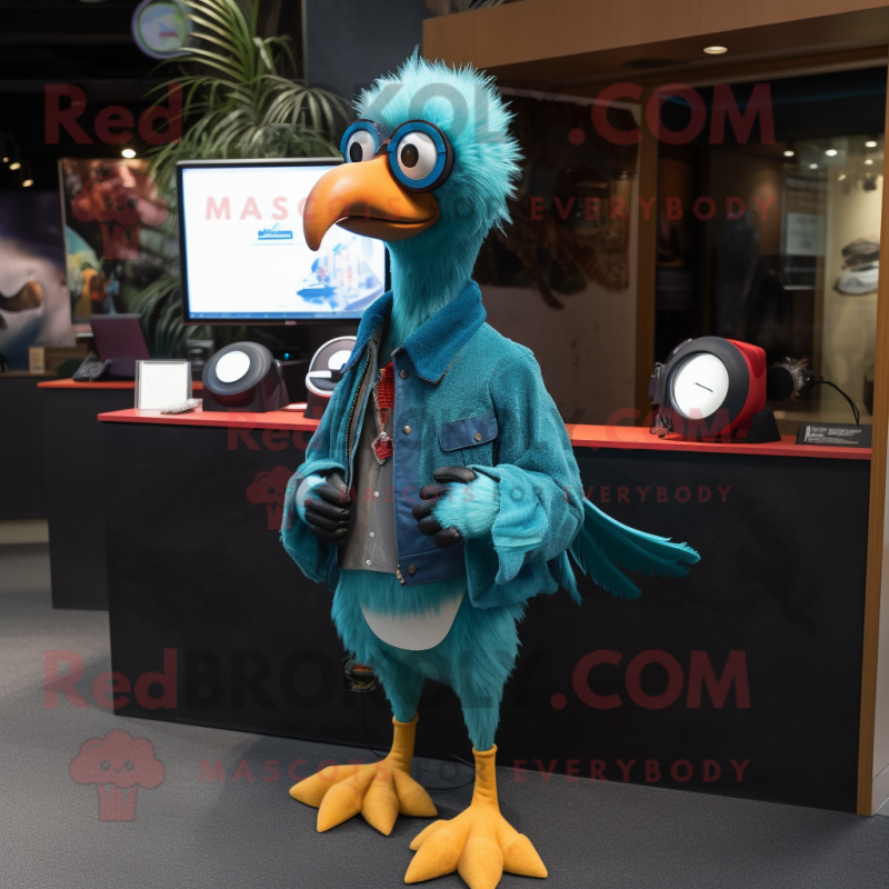 Turquoise Dodo Bird mascot costume character dressed with a Jacket and Keychains Turquoise Dodo Bird mascot costume character dressed with a Jacket and Keychains