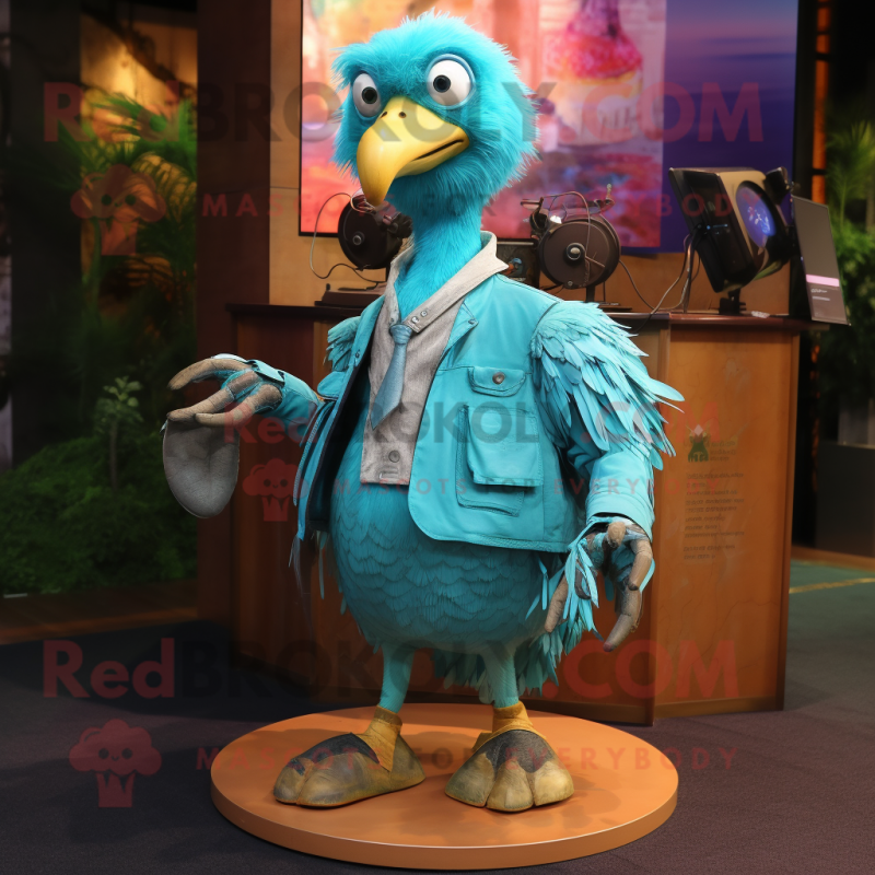 Turquoise Dodo Bird mascot costume character dressed with a Jacket and Keychains