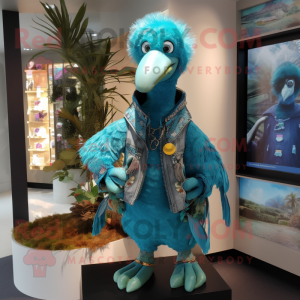 Turquoise Dodo Bird mascot costume character dressed with a Jacket and Keychains