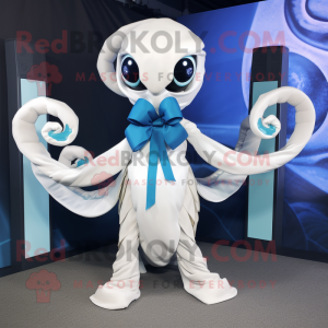 White Hydra mascot costume character dressed with a Wrap Skirt and Bow ties