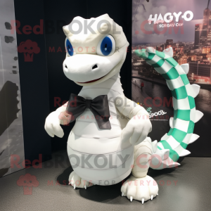 White Hydra mascot costume character dressed with a Wrap Skirt and Bow ties