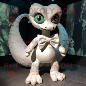 White Hydra mascot costume character dressed with a Wrap Skirt and Bow ties