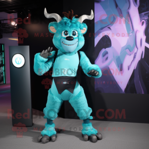 Cyan Minotaur mascot costume character dressed with a Jeggings and Smartwatches