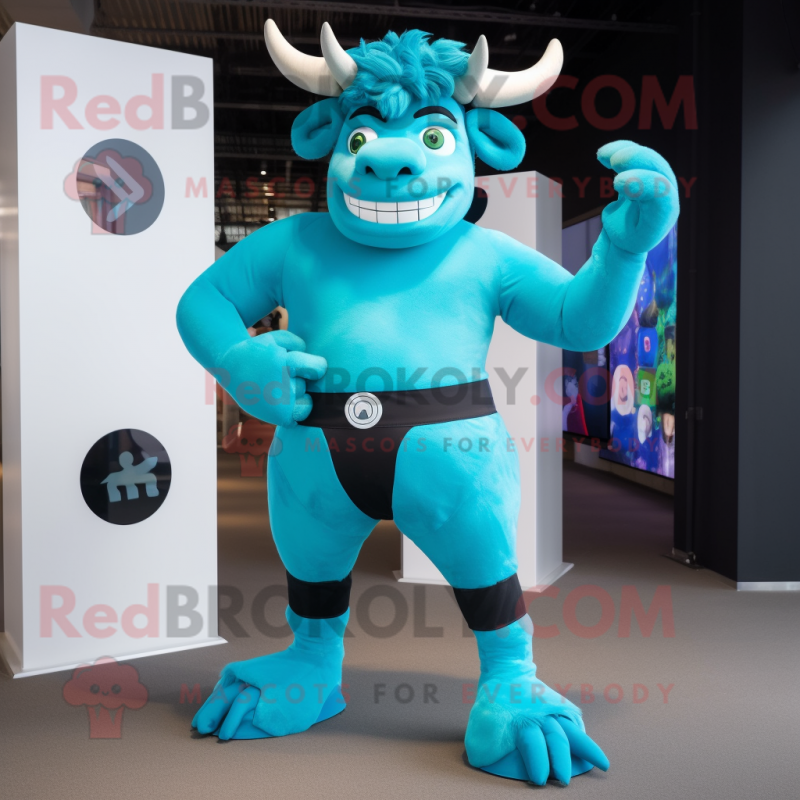 Cyan Minotaur mascot costume character dressed with a Jeggings and Smartwatches Cyan Minotaur mascot costume character dressed with a Jeggings and Smartwatches