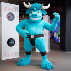 Cyan Minotaur mascot costume character dressed with a Jeggings and Smartwatches