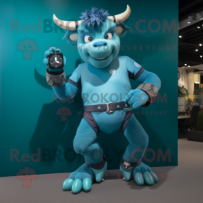 Cyan Minotaur mascot costume character dressed with a Jeggings and Smartwatches