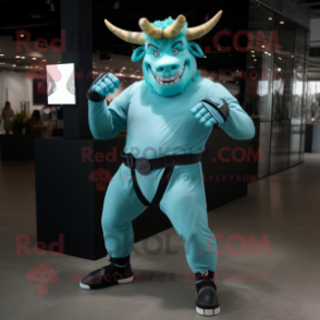 Cyan Minotaur mascot costume character dressed with a Jeggings and Smartwatches