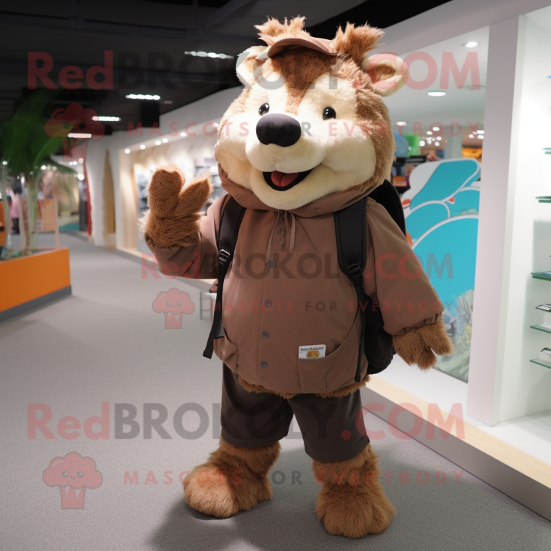 Brown Wild Boar mascot costume character dressed with a Hoodie and Messenger bags