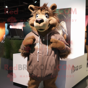 Brown Wild Boar mascot costume character dressed with a Hoodie and Messenger bags