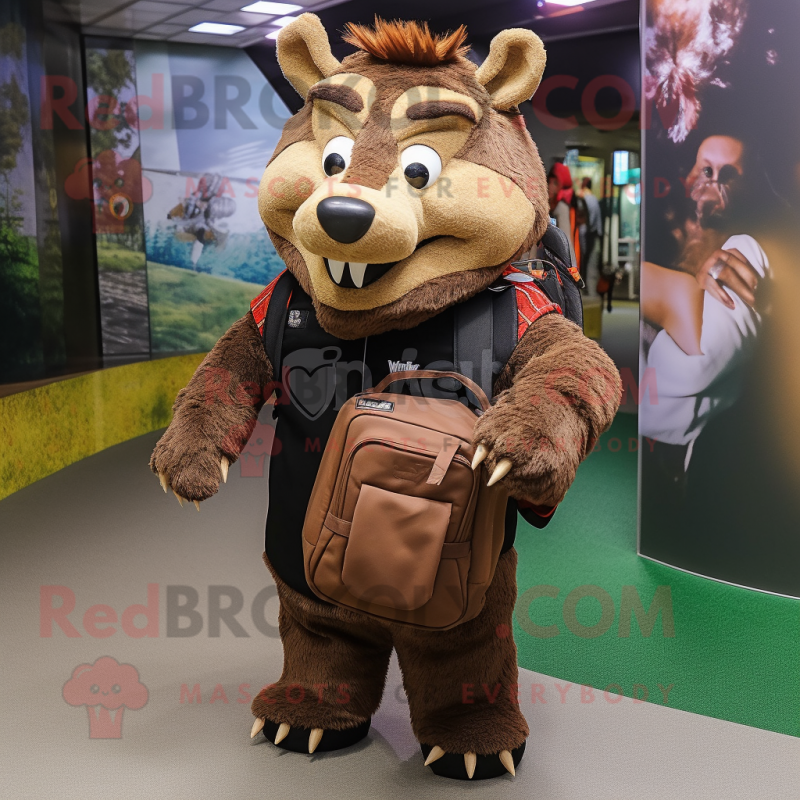 Brown Wild Boar mascot costume character dressed with a Hoodie and Messenger bags