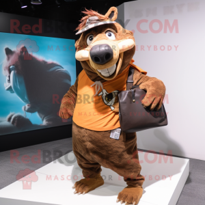 Brown Wild Boar mascot costume character dressed with a Hoodie and Messenger bags