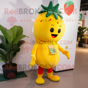 Yellow Strawberry mascot costume character dressed with a Jeggings and Brooches