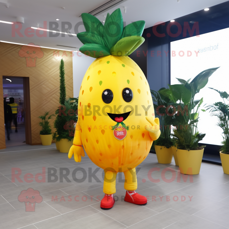 Yellow Strawberry mascot costume character dressed with a Jeggings and Brooches Yellow Strawberry mascot costume character dressed with a Jeggings and Brooches