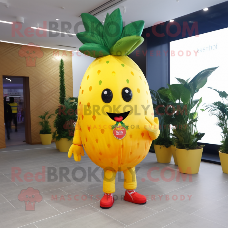 Yellow Strawberry mascot costume character dressed with a Jeggings and Brooches