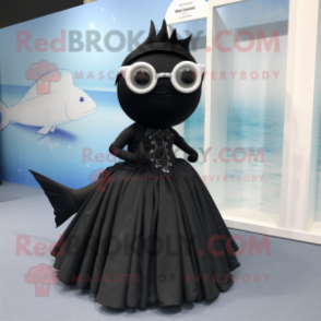 Black Swordfish mascot costume character dressed with a Ball Gown and Eyeglasses