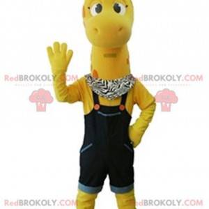 Yellow giraffe mascot with blue overalls - Redbrokoly.com