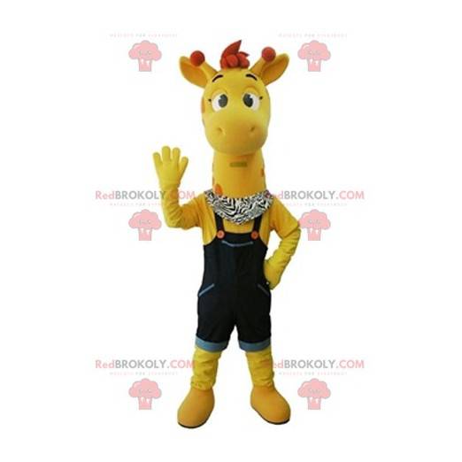 Gelbes Giraffenmaskottchen mit blauem Overall - Redbrokoly.com