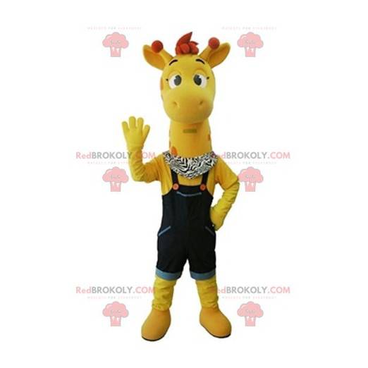 Yellow giraffe mascot with blue overalls - Redbrokoly.com