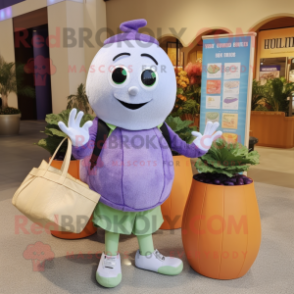 Lavender Melon mascot costume character dressed with a Henley Tee and Tote bags