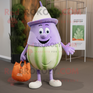 Lavender Melon mascot costume character dressed with a Henley Tee and Tote bags