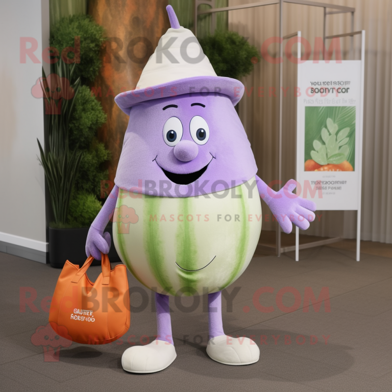 Lavender Melon mascot costume character dressed with a Henley Tee and Tote bags Lavender Melon mascot costume character dressed with a Henley Tee and Tote bags