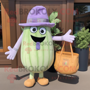 Lavender Melon mascot costume character dressed with a Henley Tee and Tote bags