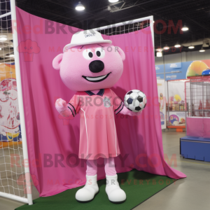 Pink Soccer Goal mascot costume character dressed with a Dress Shirt and Tie pins