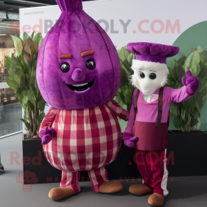 Magenta Turnip mascot costume character dressed with a Flannel Shirt and Cummerbunds