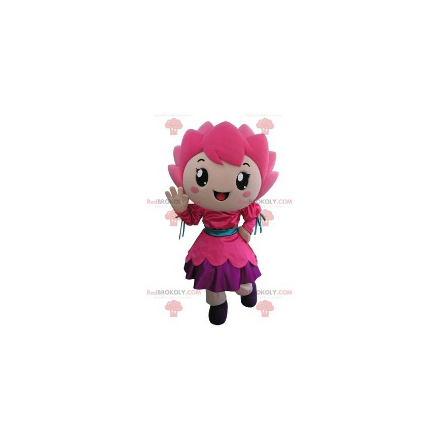 Smilende liten jente rosa blomst maskot - Redbrokoly.com