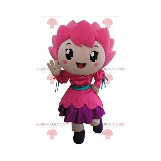 Smilende liten jente rosa blomst maskot - Redbrokoly.com
